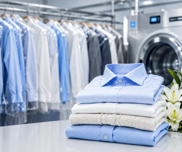 Close-up detail of a professional steamer being used on a luxury wool suit.